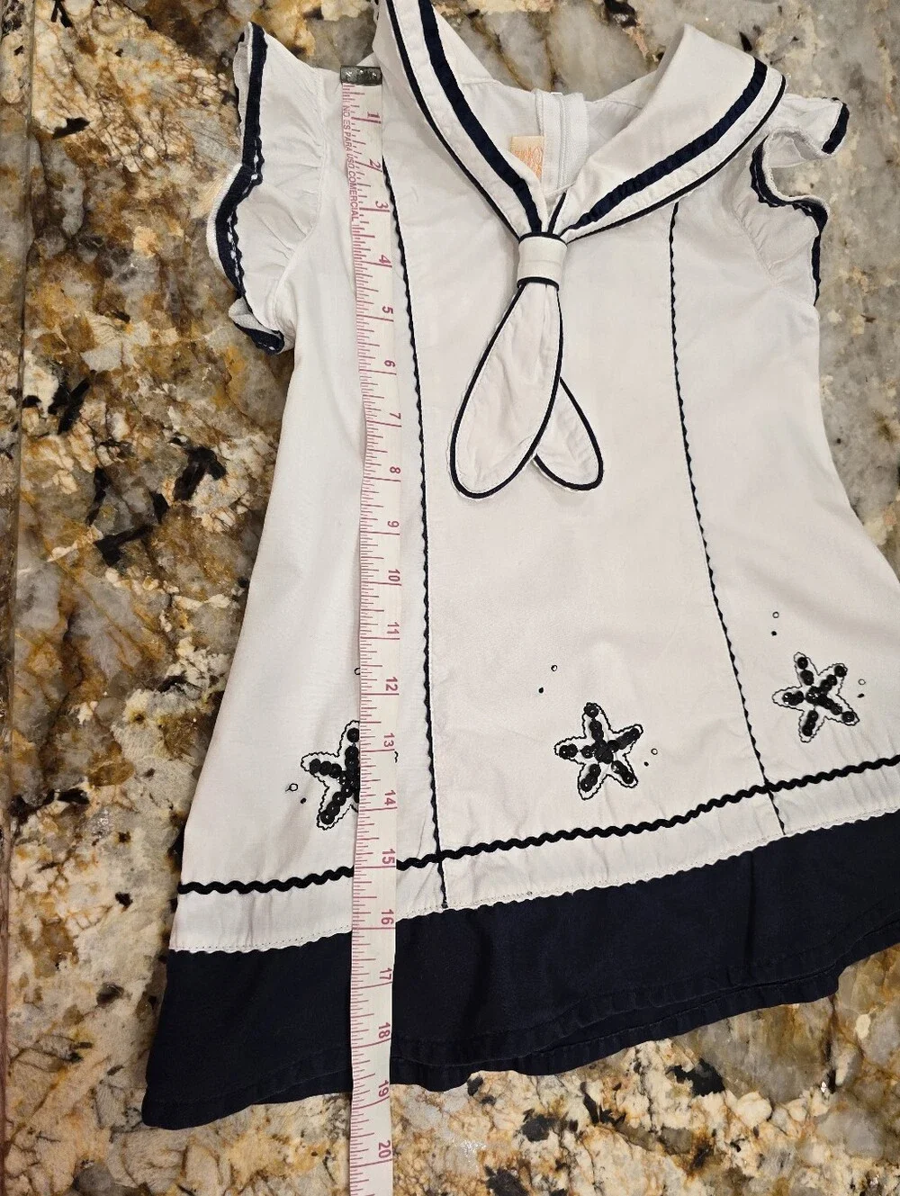 Cotton Dress White Navy Sea Stars Sequins Size 100/52 (3T)